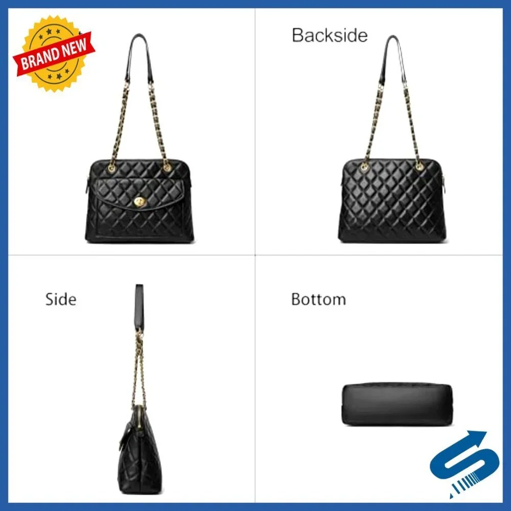 Quilted Leather Satchel Shoulder Bag with Detachable Chain Strap